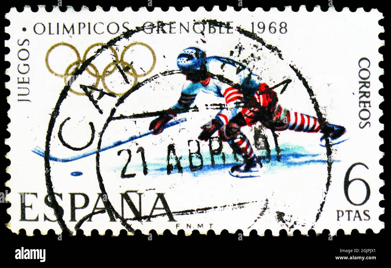 MOSCOU, RUSSIE - 17 AVRIL 2021 : timbre-poste imprimé en Espagne montre les Jeux Olympiques d'hiver, Grenoble, série des Jeux Olympiques, vers 1968 Banque D'Images