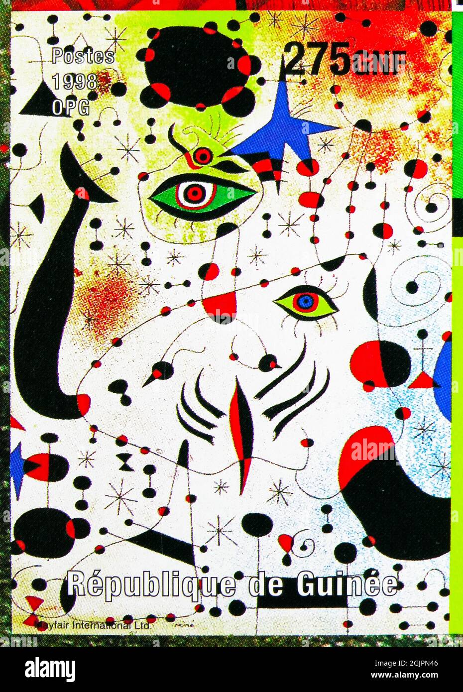 MOSCOU, RUSSIE - 17 AVRIL 2021 : le timbre-poste imprimé à Cendrillon montre Joan Miro 1893-1983, Ciphers et constellations, en amour avec une femme, GUI Banque D'Images