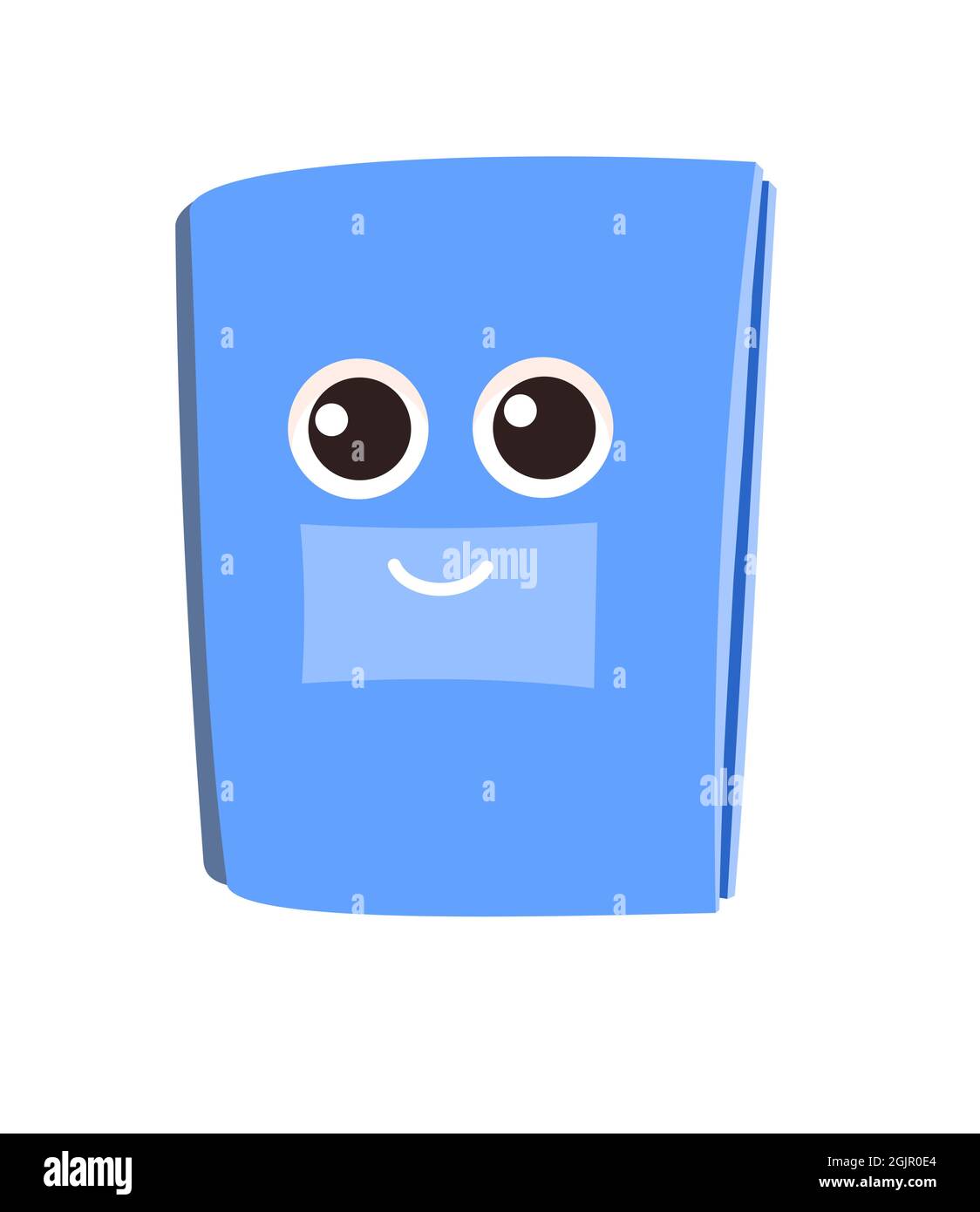 Livre bleu ou bloc-notes. Isolé sur fond blanc. Charmant personnage de dessin animé. Design pour enfants. Avec un visage et un sourire. Vecteur. Illustration de Vecteur