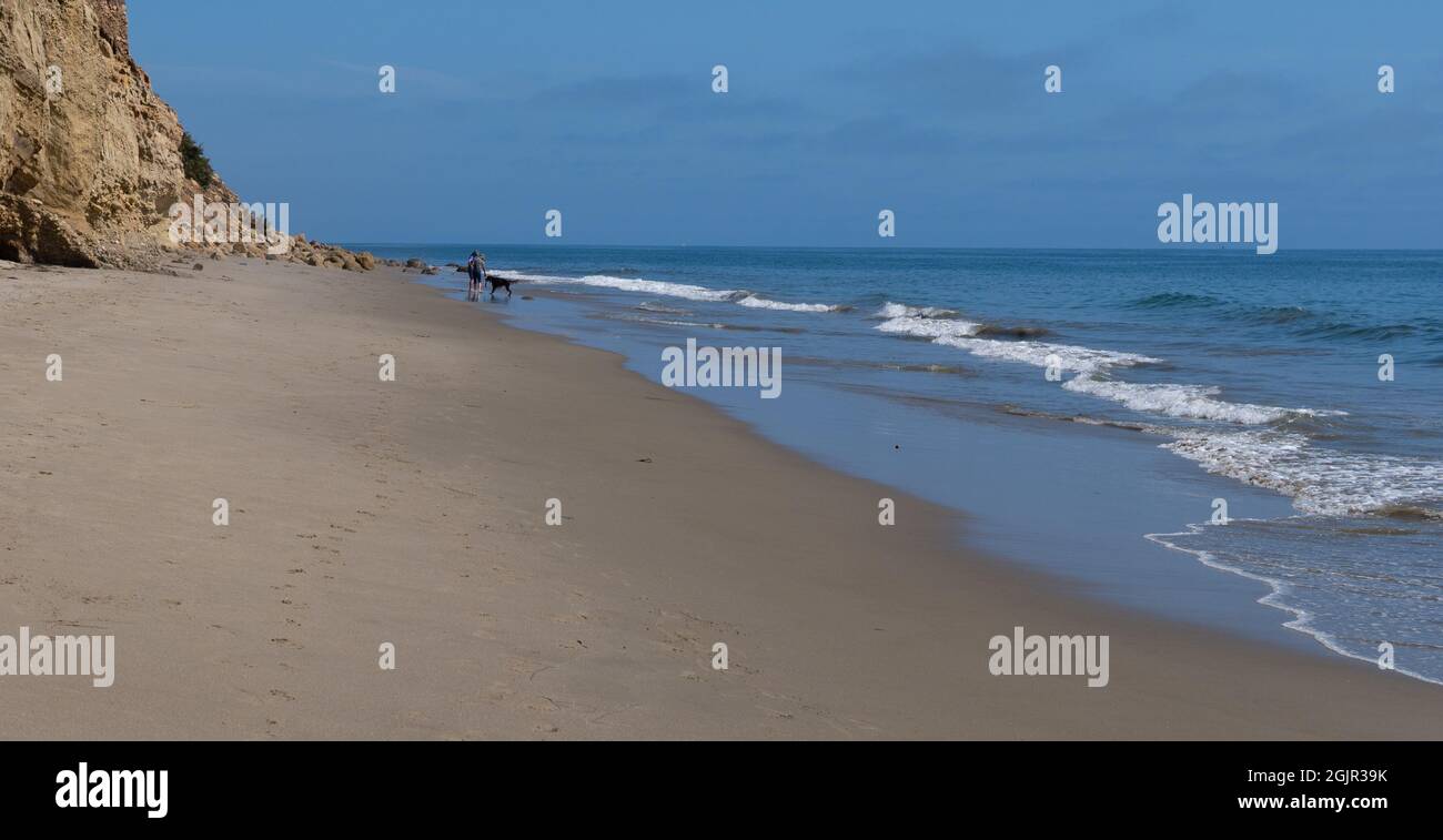 Deux personnes jouent avec un chien à Loon point à Summerland, Californie, États-Unis Banque D'Images
