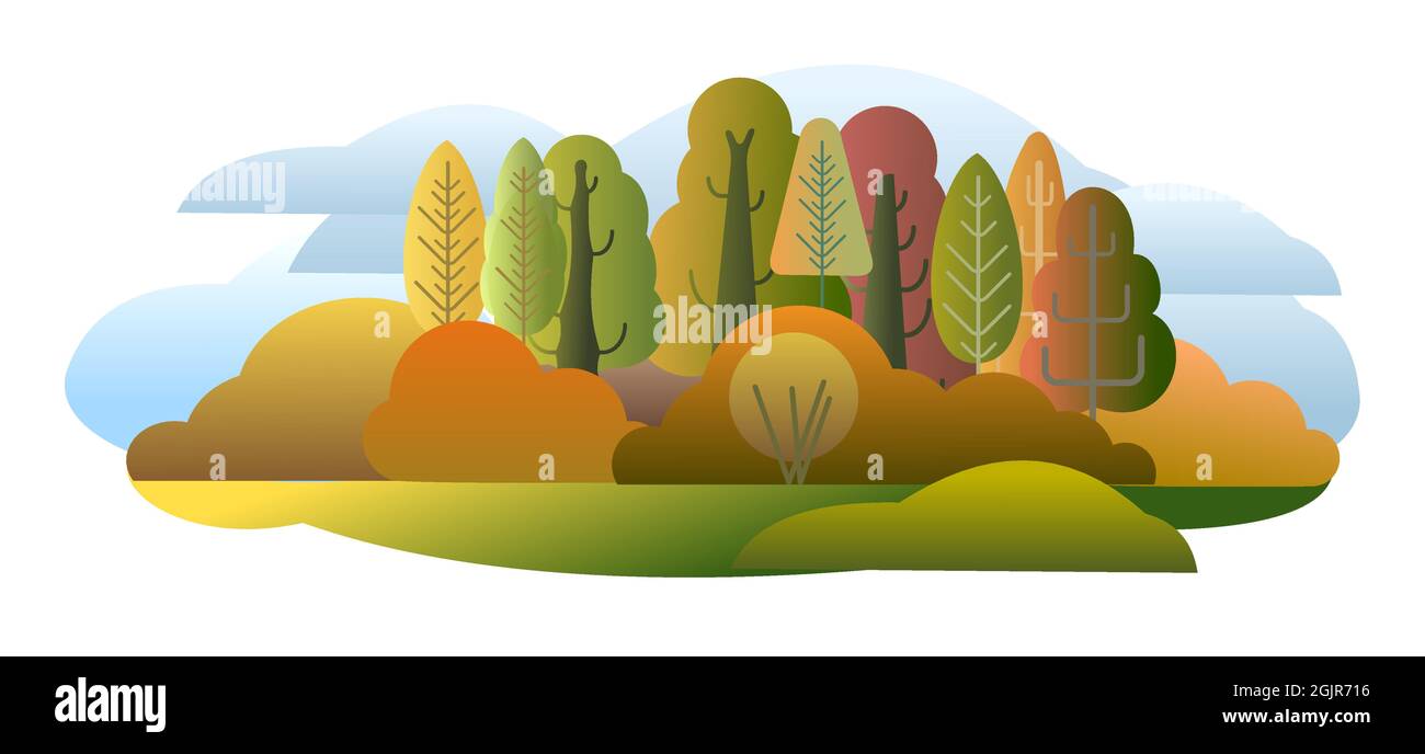 Forêt d'automne. Illustration symbolique de style plat. Paysage dans les tons orange, jaune et vert. Faune rurale. Scène de campagne avec arbres. Un bel art Illustration de Vecteur