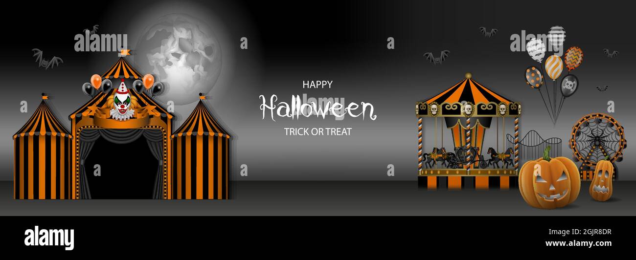 Bannière Halloween avec cirque, clown maléfique, carrousel, roulette de ferris et citrouilles. luna horreur Park Illustration de Vecteur