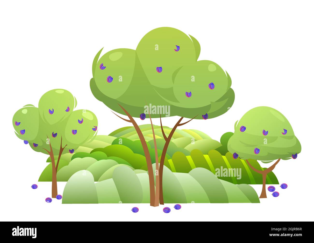 Jardin et collines. Paysage rural avec arbres fruitiers et collines agricoles. Prune de récolte mûre. Joli dessin humoristique amusant. Style plat Illustration de Vecteur