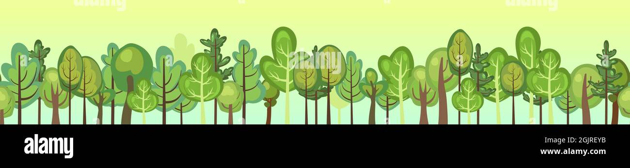 Forêt plate. Composition horizontale sans couture. Style de dessin animé. Paysage rural vert drôle. Bordure. Mettez le jeu à niveau. Design comique. Jolie scène avec arbres Illustration de Vecteur