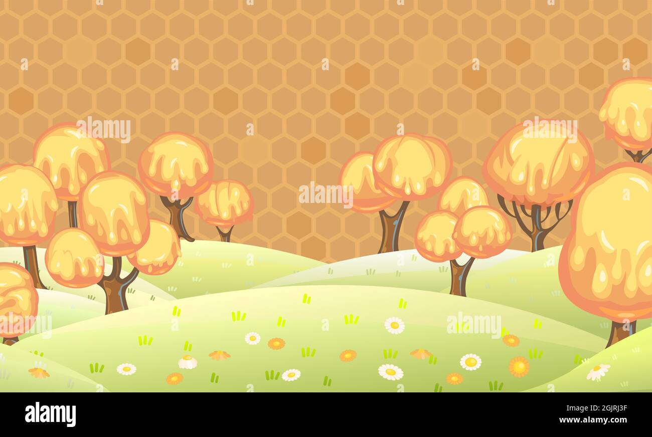 Fabuleux paysage doux avec des miels. Illustration fantastique pour les enfants avec un nid d'abeille. Style de dessin animé. Ambiance gaie et mignonne. Collines florales d'été Illustration de Vecteur