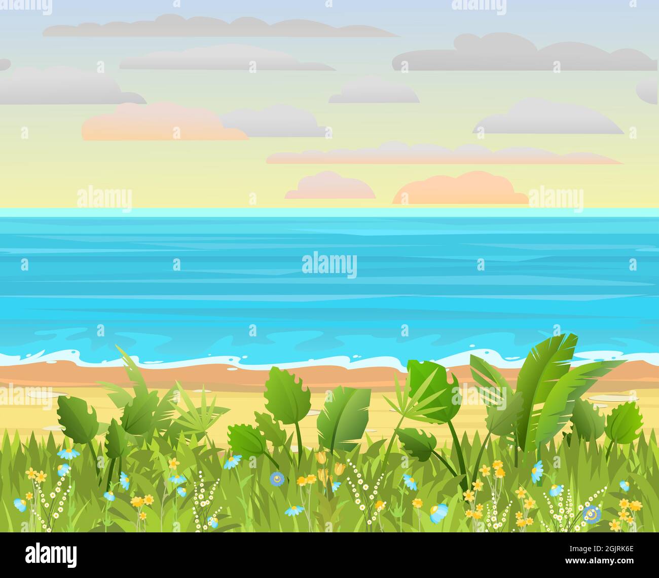 Vue frontale du bord de mer. Prairie herbeuse aux fleurs. Vagues le long de la ligne de surf. Plage de sable jaune. Ciel doux au coucher du soleil avec nuages clairs Illustration de Vecteur