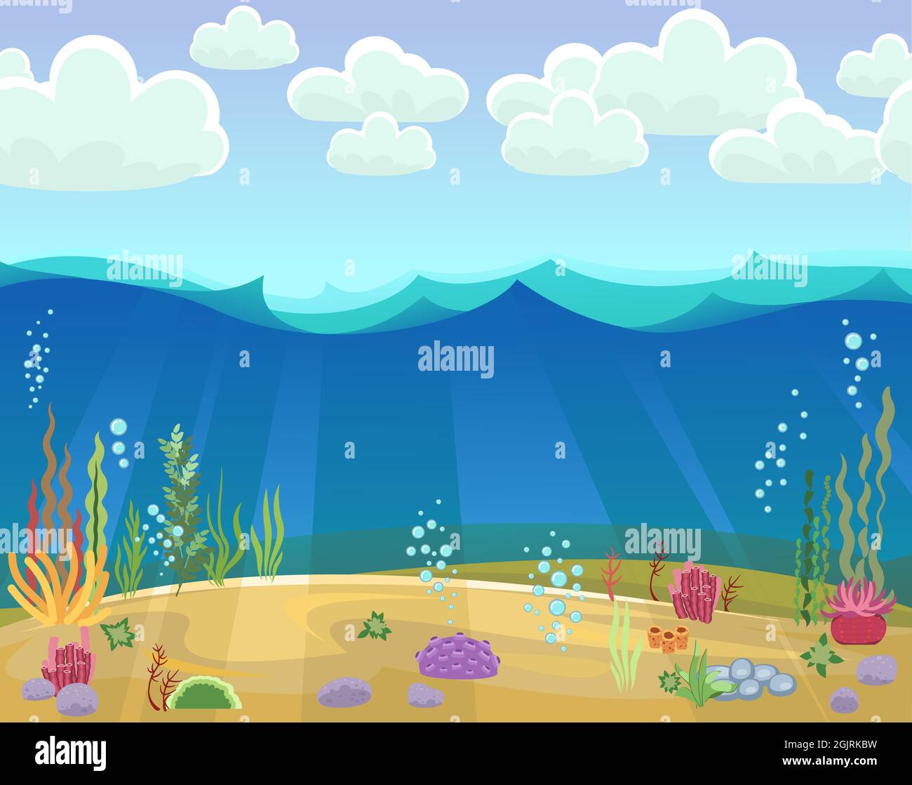 Fond sablonneux du réservoir. Bleu transparent eau claire. Océan de mer. Paysage sous-marin avec plantes, algues et coraux. Illustration en dessin animé Illustration de Vecteur