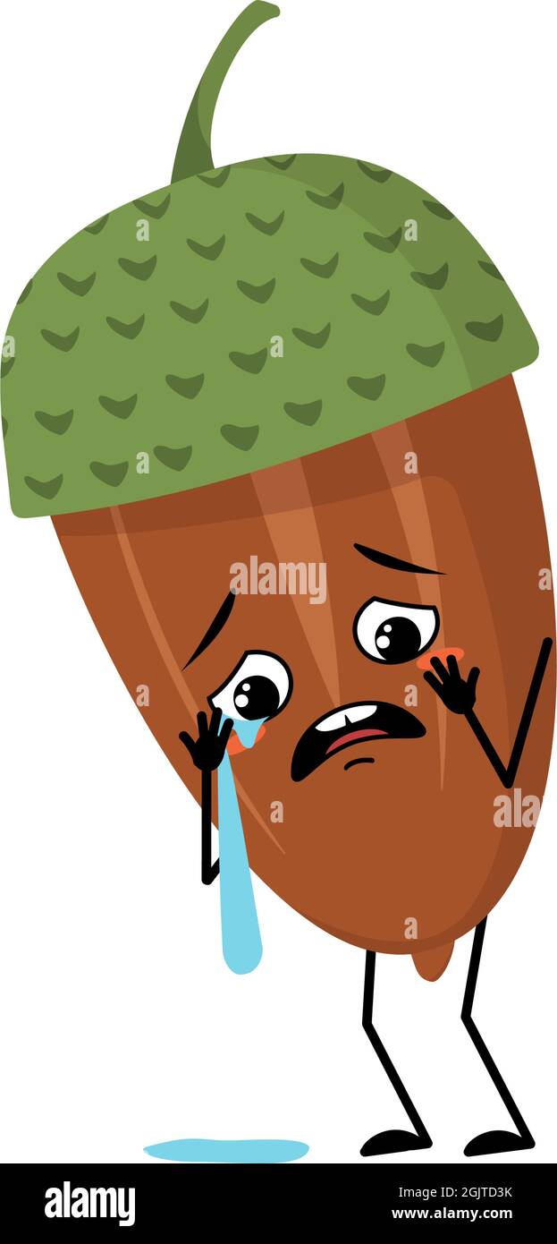 Le personnage est gloré de pleurs et de larmes, d'émotions, de visage triste, d'yeux dépressifs, de bras et de jambes. Plante forestière mélancolique, noix d'automne Illustration de Vecteur