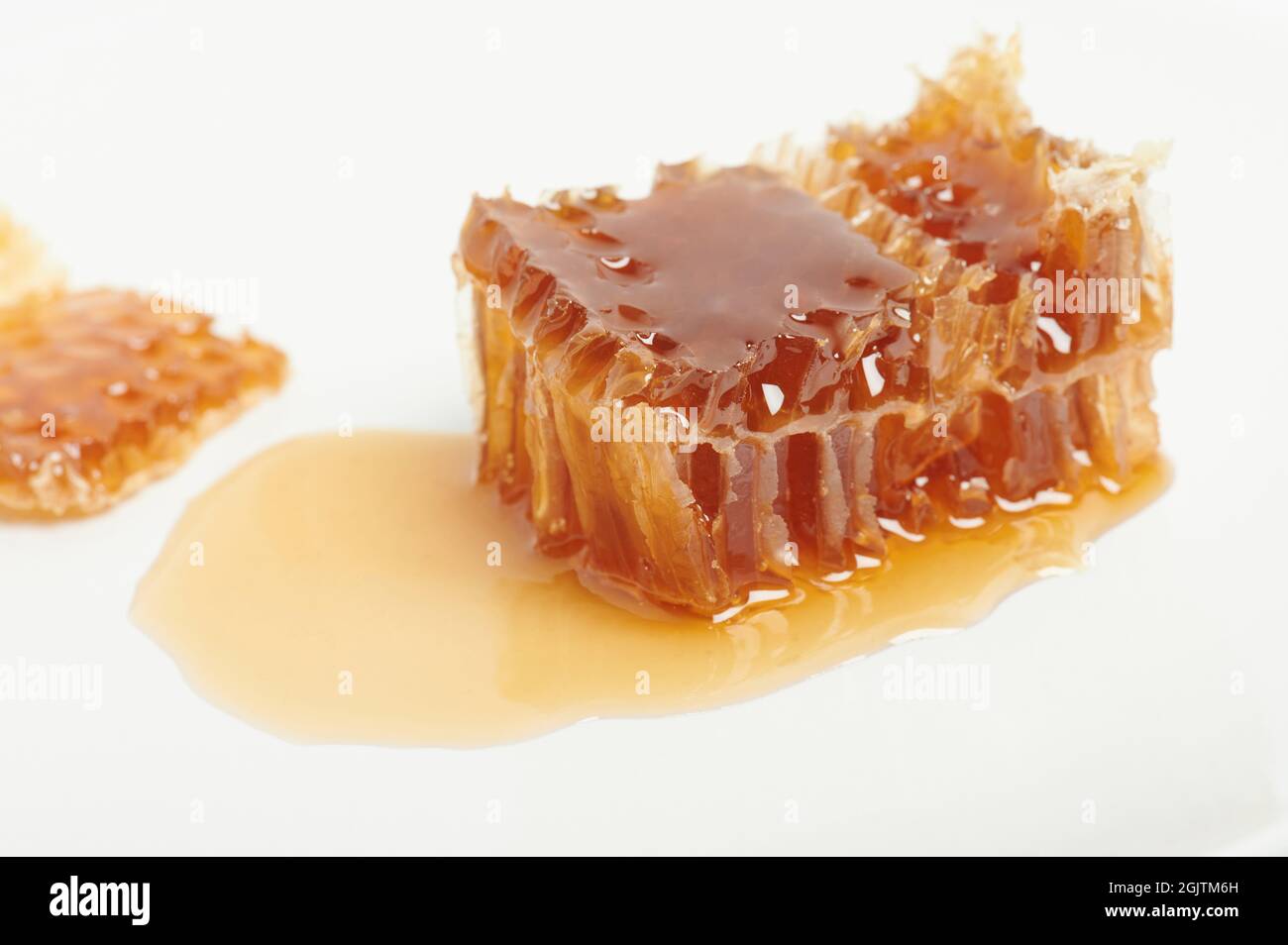 Miel avec propolis sur l'assiette macro clsoe vue vers le haut. Cuisine sucrée savoureuse Banque D'Images