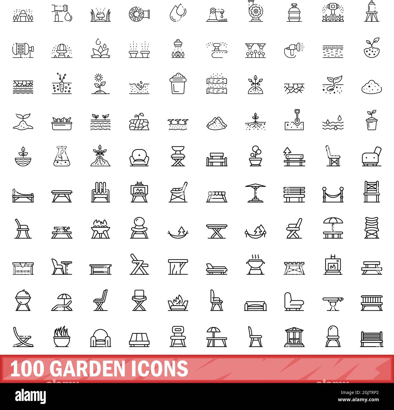 ensemble de 100 icônes de jardin. Illustration du contour de 100 icônes de jardin ensemble vectoriel isolé sur fond blanc Illustration de Vecteur