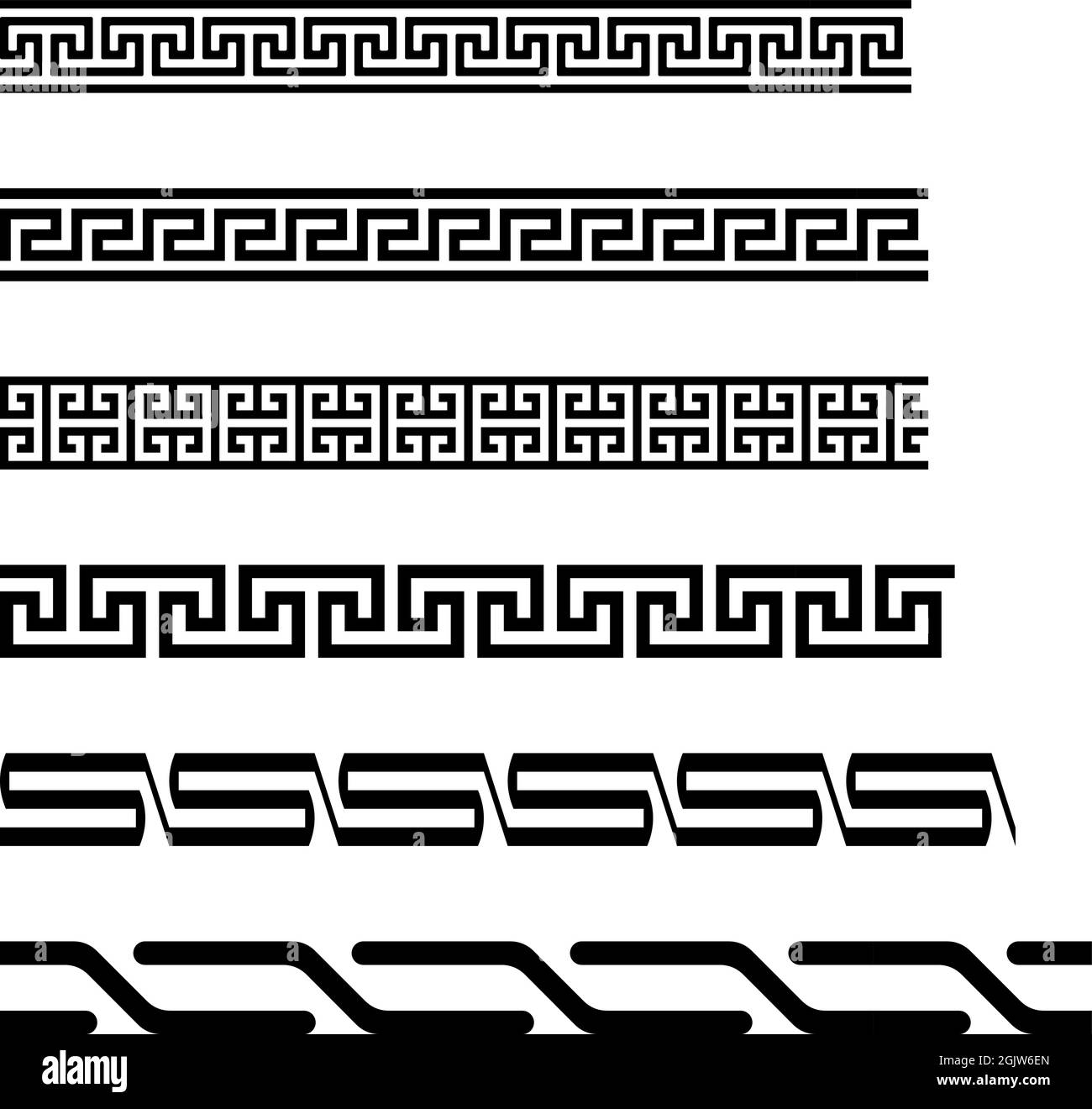 Bordure serpeneuse ou maze sans couture sur fond blanc isolé. Symboles vectoriels romains et grecs en noir. Illustration de Vecteur