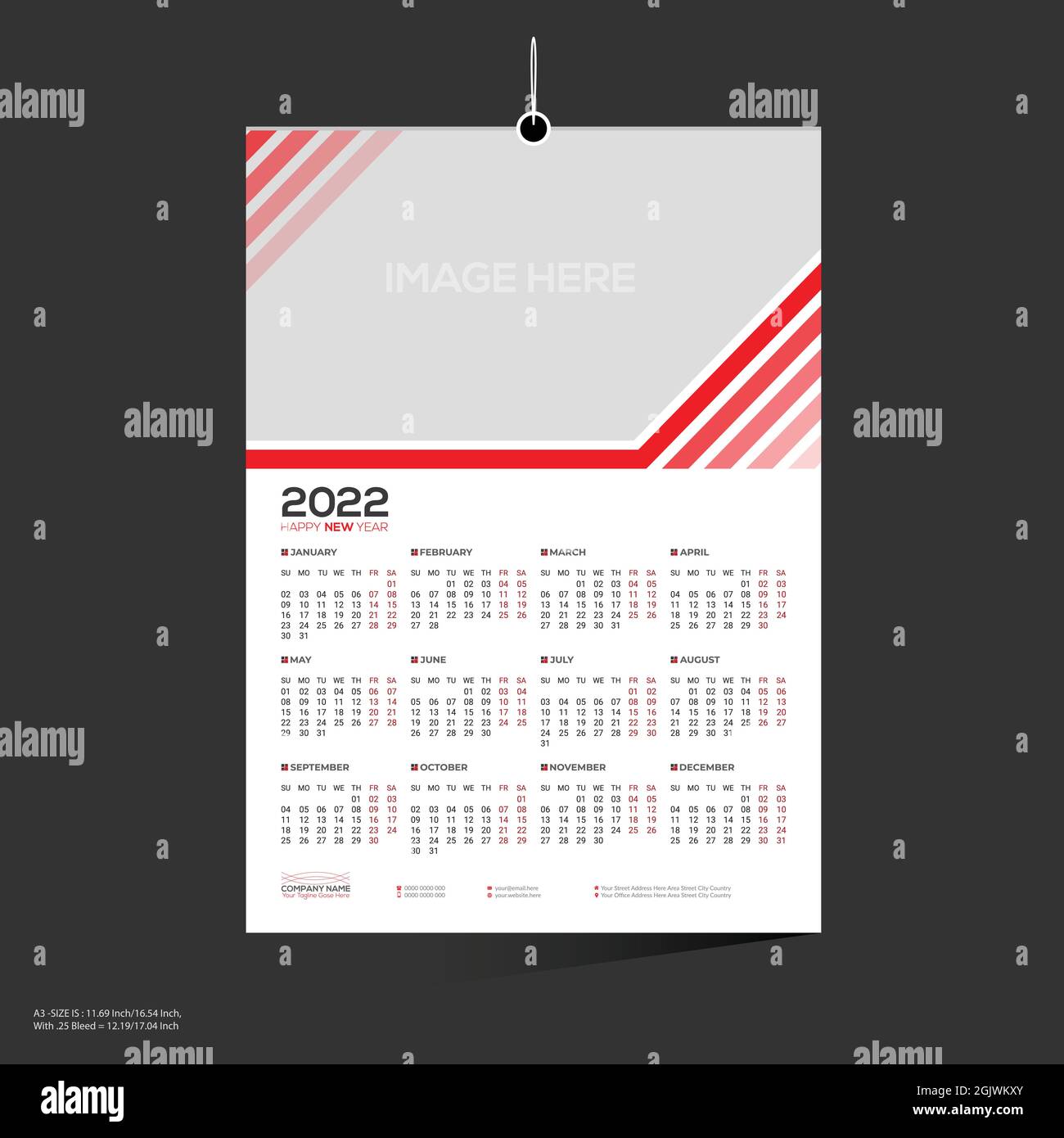 calendrier mural 12 à motif vectoriel rouge de 2022 mois Illustration de Vecteur