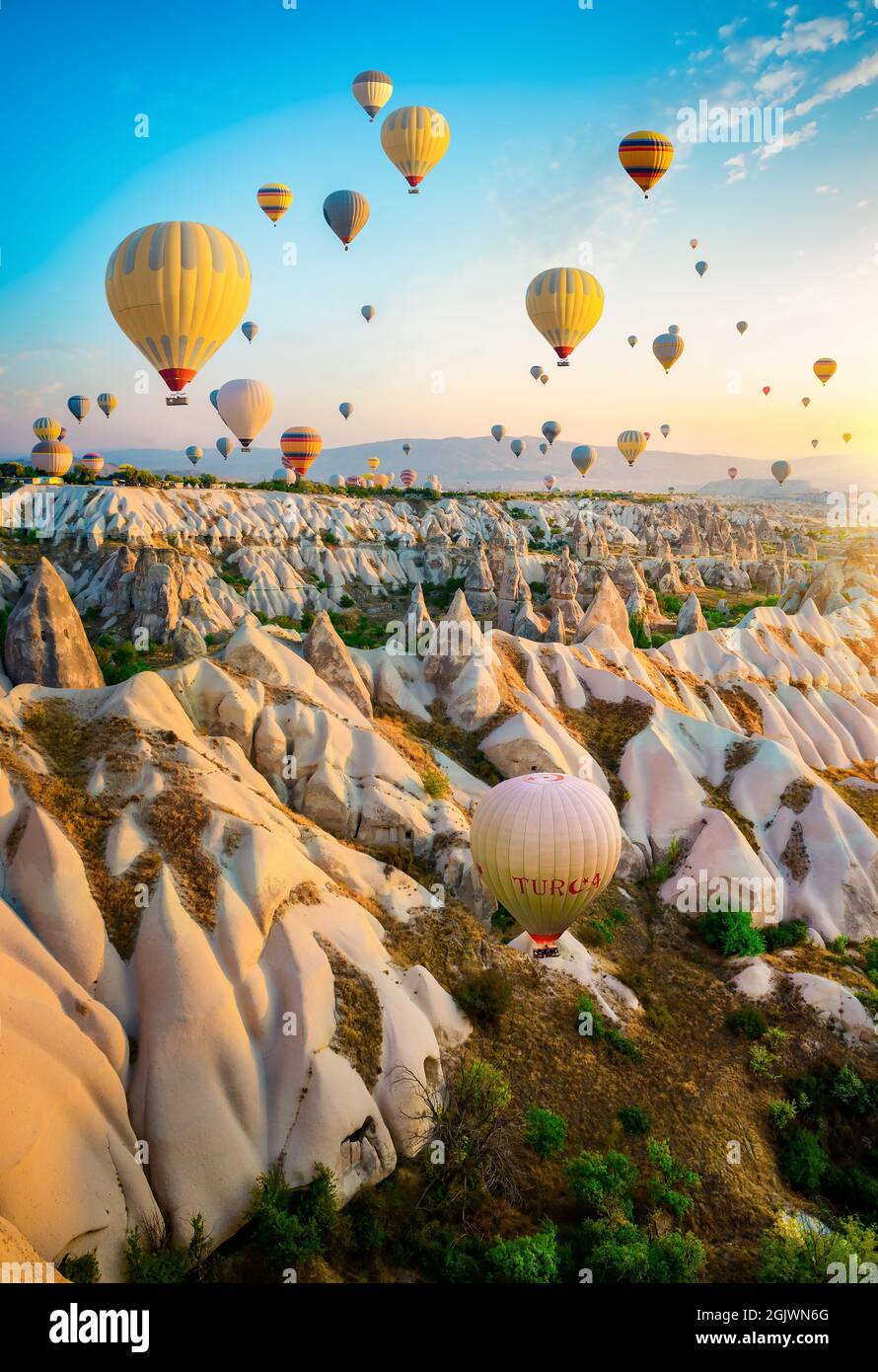 Montgolfières survolant la Cappadoce, Turquie Banque D'Images