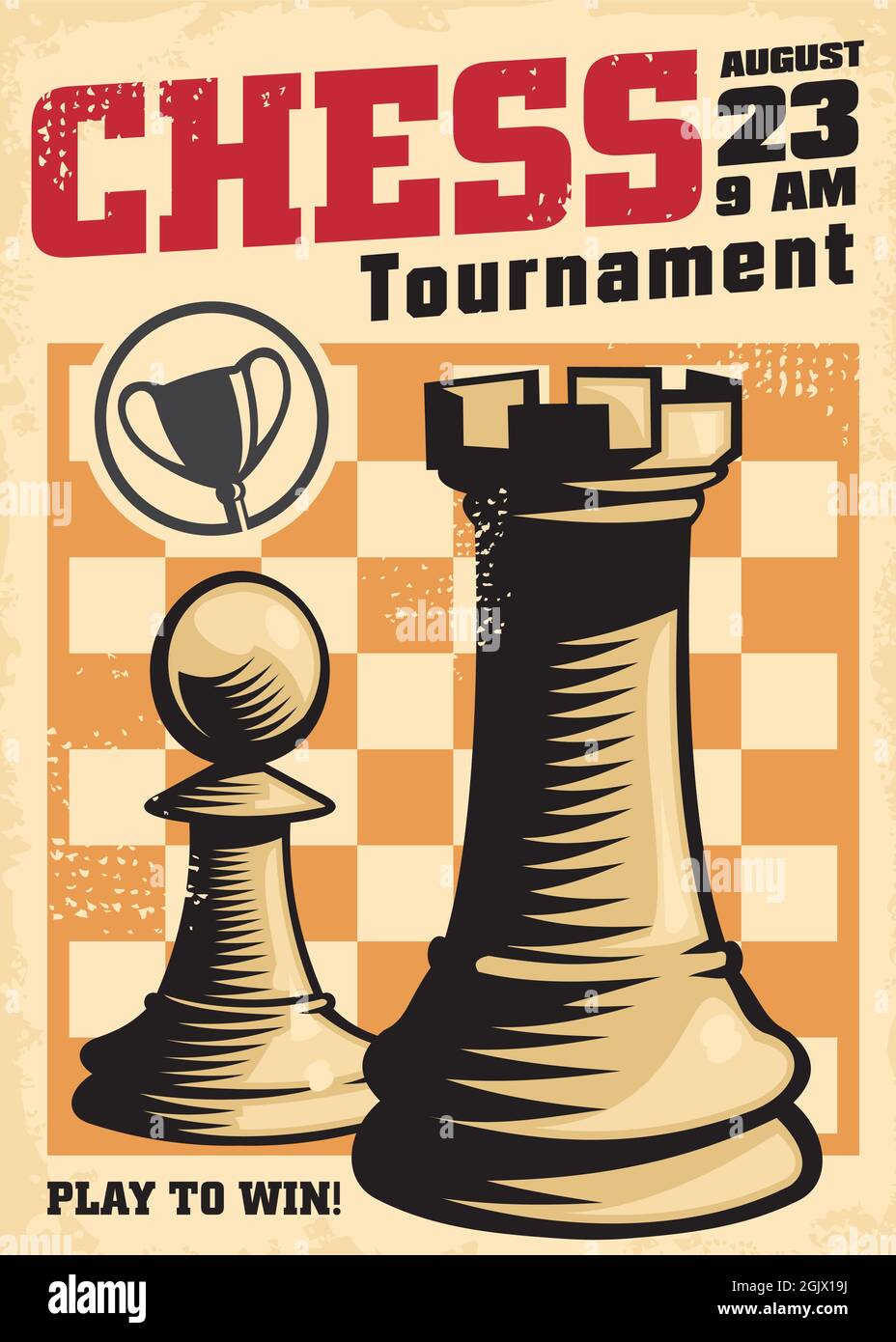 Modèle d'affiche vintage pour un tournoi d'échecs avec rook et pion sur le plateau d'échecs. Enseigne rétro. Vecteur d'échecs. Illustration de Vecteur