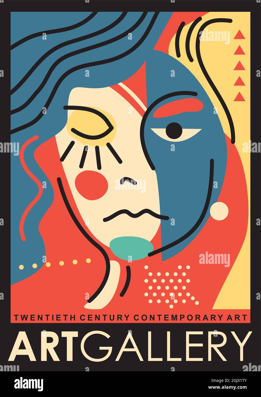 Portrait de fille de style funky abstrait avec des couleurs et des formes ludiques. Affiche d'art contemporain pour l'exposition de galerie. Pop art vectoriel. Illustration de Vecteur