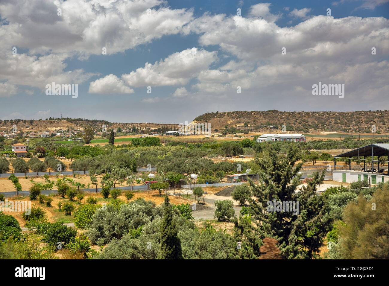 Paysage typique de Chypre d'été avec village et collines près de Larnaca, Chypre. Banque D'Images