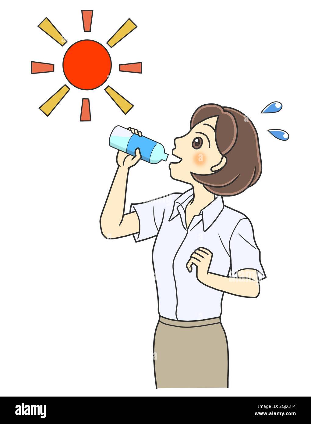 Une jeune femme boit de l'eau à l'extérieur pour prévenir les coups de chaleur Banque D'Images