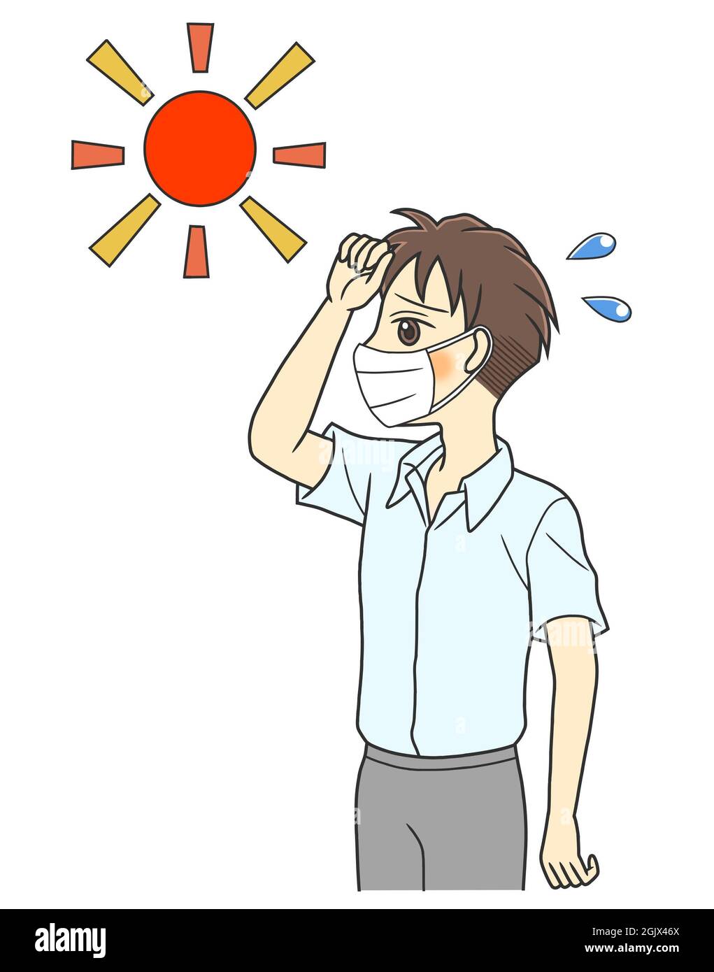 Un jeune homme avec un masque facial souffrant de la chaleur estivale Banque D'Images