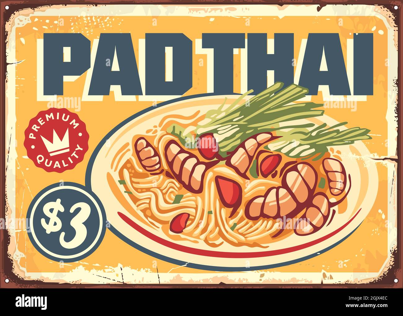 Tableau d'affichage du menu du restaurant rétro PAD Thai avec délicieux repas de nouilles.Cuisine asiatique style poster rétro.Illustration d'aliments vectoriels. Illustration de Vecteur