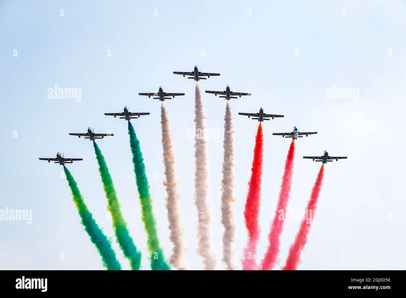 Monza, Italie. 12 septembre 2021. Monza, Italie. 12 septembre 2021. Frecce Tricolori au-dessus de la grille lors de la Formule 1 Heineken Gran Premio d'italia 2021, Grand Prix d'Italie, 14e manche du Championnat du monde de Formule 1 2021 de la FIA du 9 au 12 septembre 2021 sur l'Autodromo Nazionale di Monza, à Monza, Italie - photo Florent Gooden/DPPI crédit: DPPI Media/Alamy Live News crédit: DPPI Media/Alamy Live News Banque D'Images