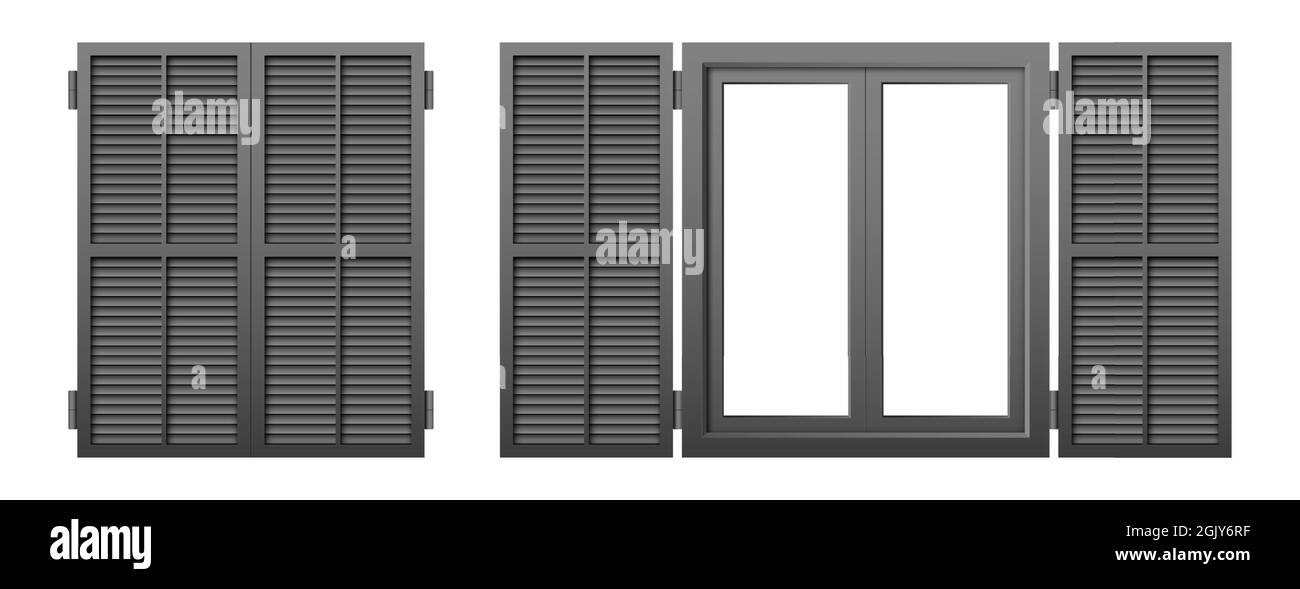 Ensemble de volets de fenêtre isolés sur un fond blanc. Illustration vectorielle de l'obturateur de fenêtre gris fermé et ouvert. Illustration de Vecteur