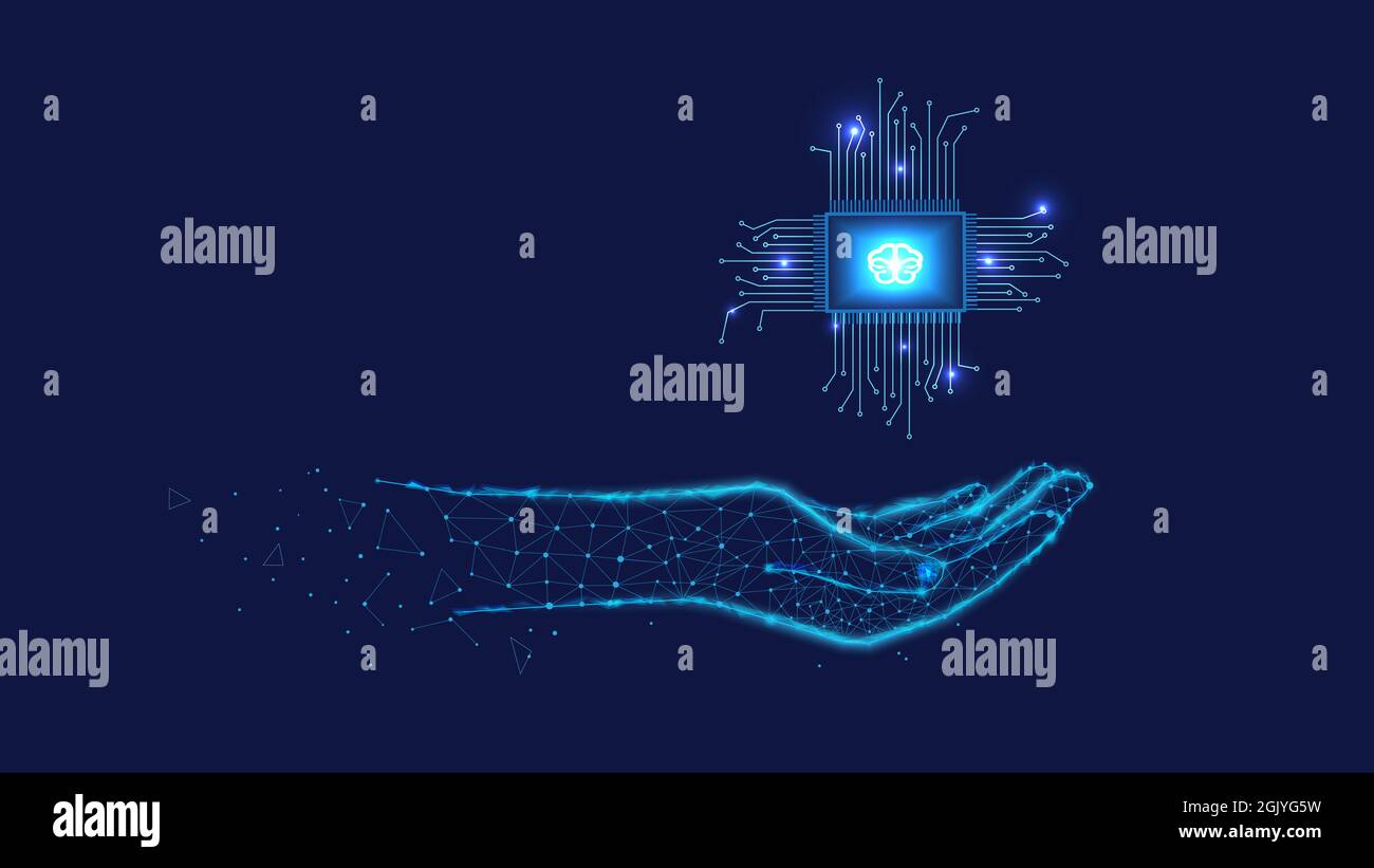 Puce, cerveau en main à partir de triangles et de points sur fond bleu foncé. Concept d'analyse de données et concepts de technologies modernes telles que le nanotechnologies Banque D'Images