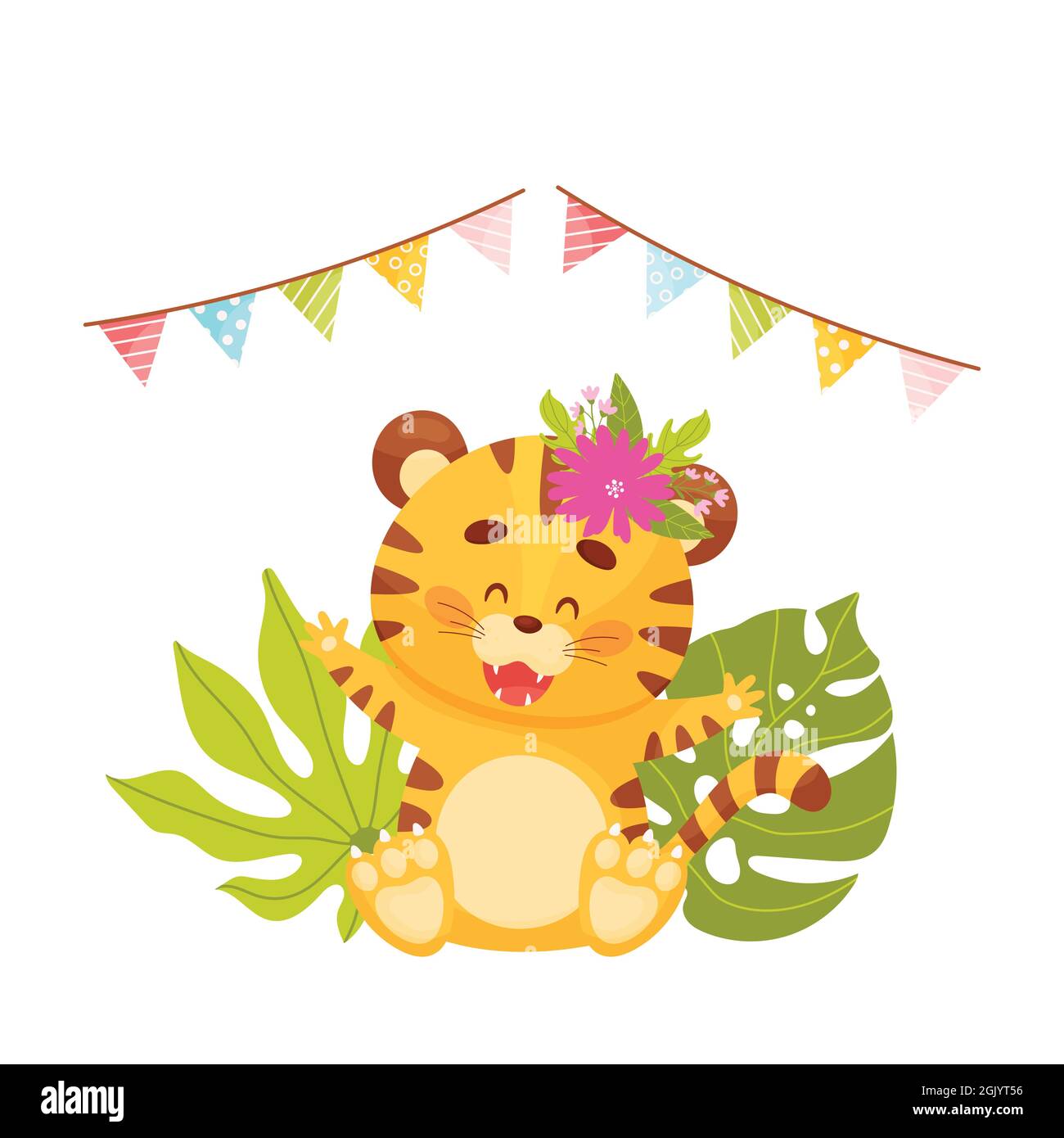 Mignon dessin animé joyeux petit tigre dans la jungle. Illustration vectorielle Illustration de Vecteur