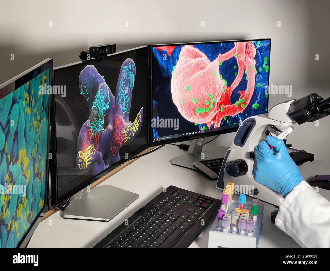 Technicien de laboratoire effectuant des recherches avec des images du VIH sur un ordinateur. Banque D'Images