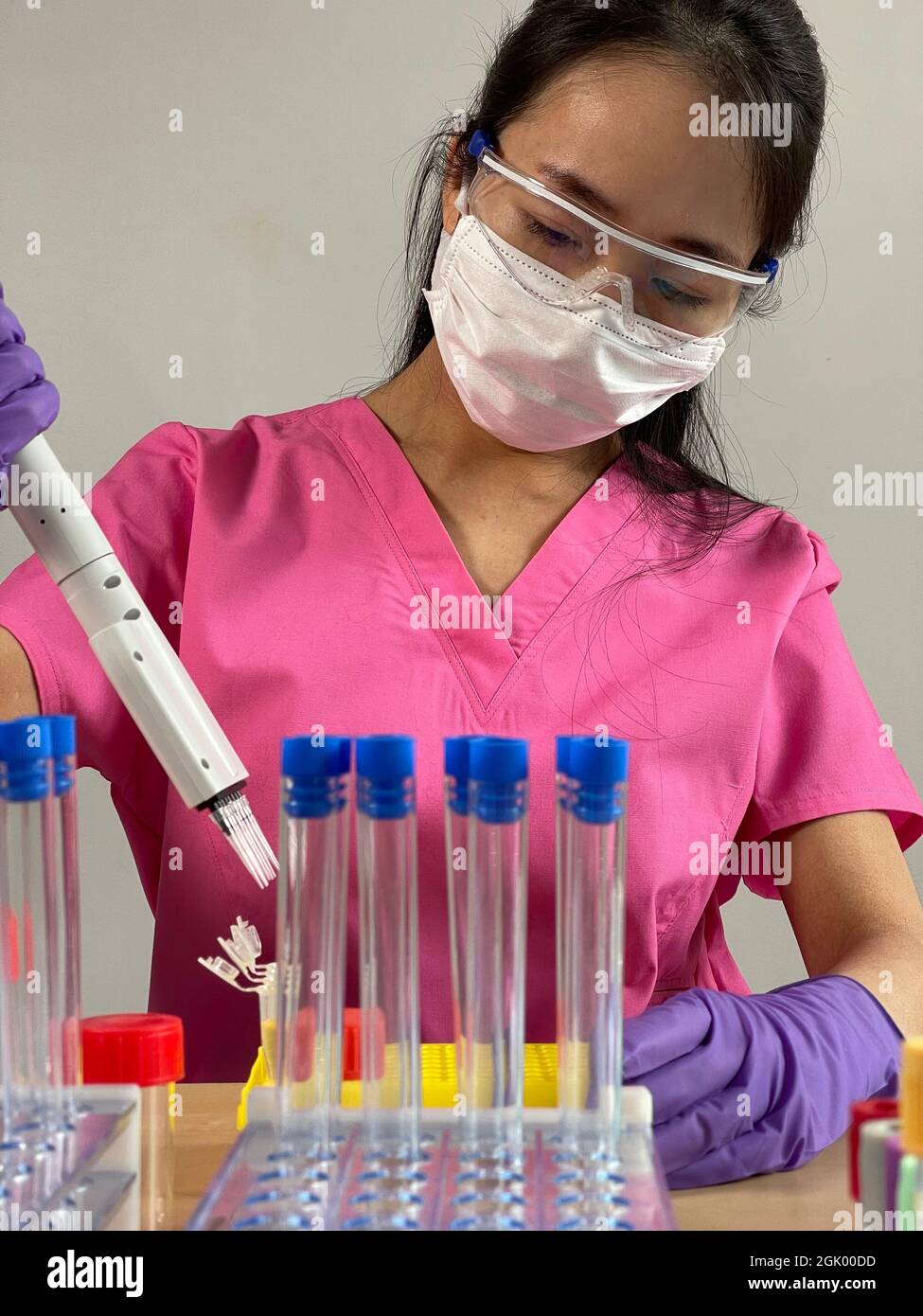 Femme injectant une substance dans un tube à l'aide d'une pipette multicanaux. Banque D'Images