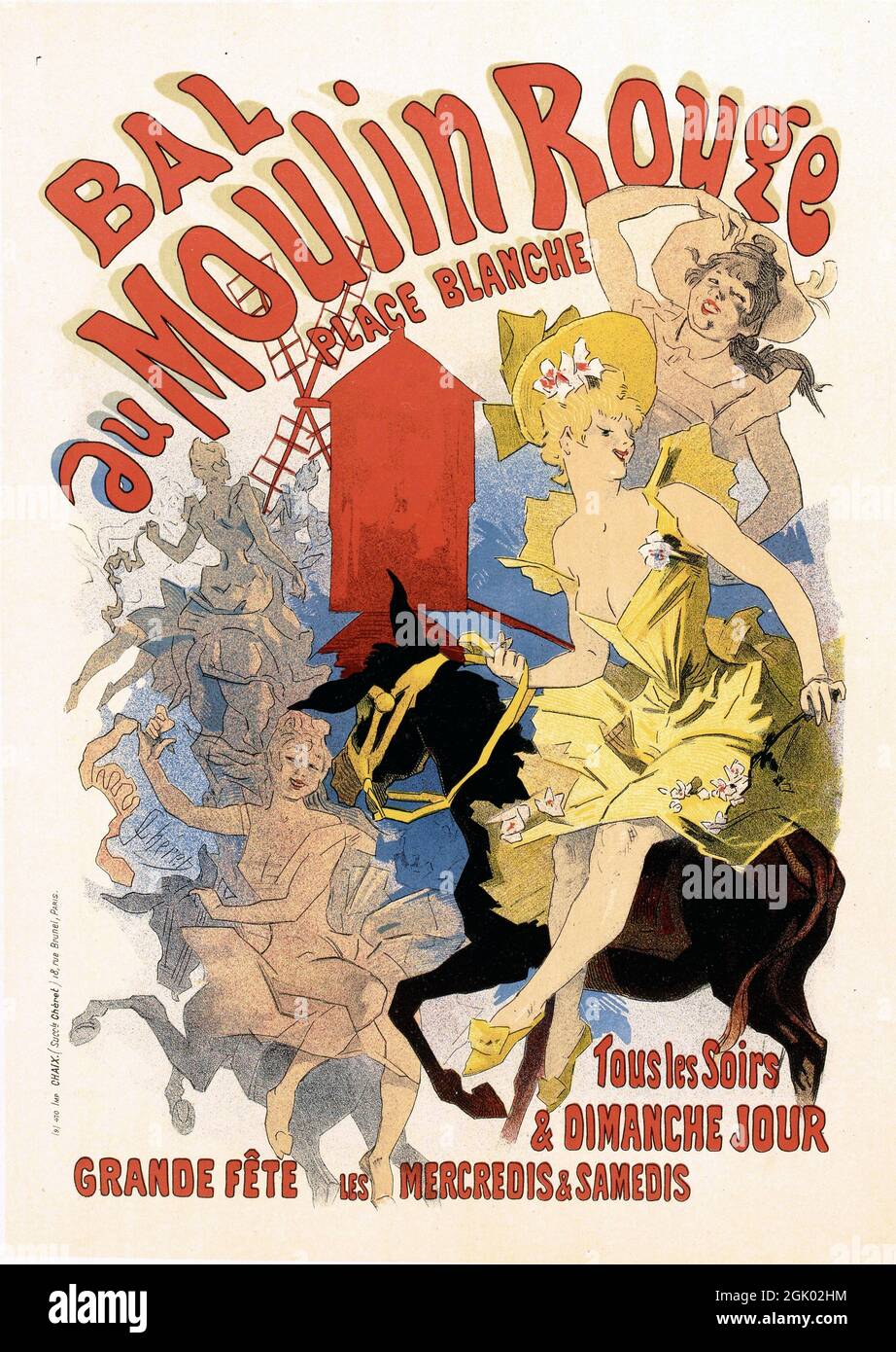 Bal au Moulin Rouge place Blanche, affiche ancienne annonçant une balle et de grandes fêtes au Moulin Rouge, Paris par Jules Chéret, 1895. Banque D'Images
