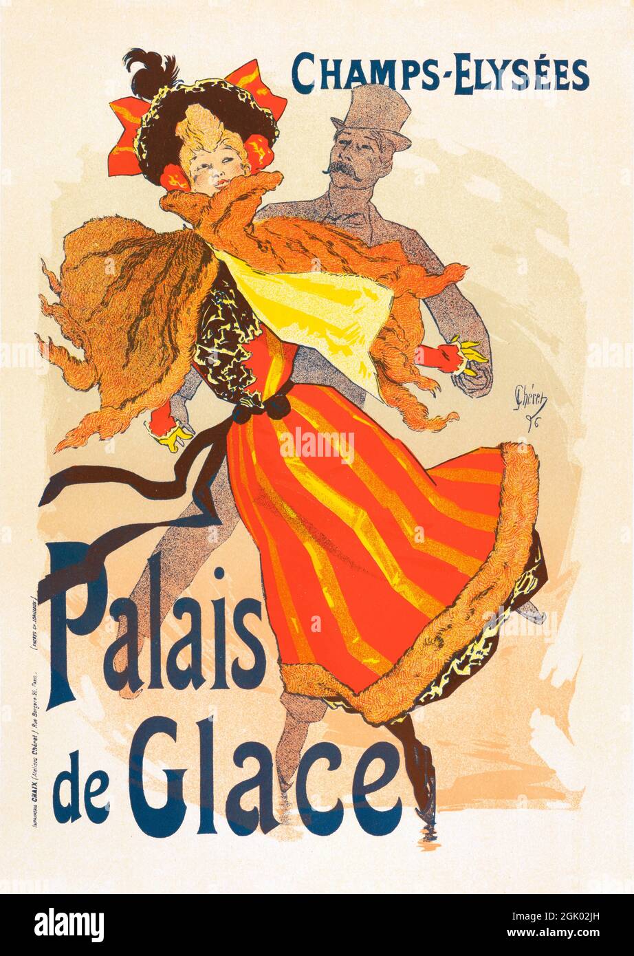 Affiche publicitaire ancienne patinoire du Palais de glace à Paris, champs-Elysées par Jules Chéret, 1896. Banque D'Images