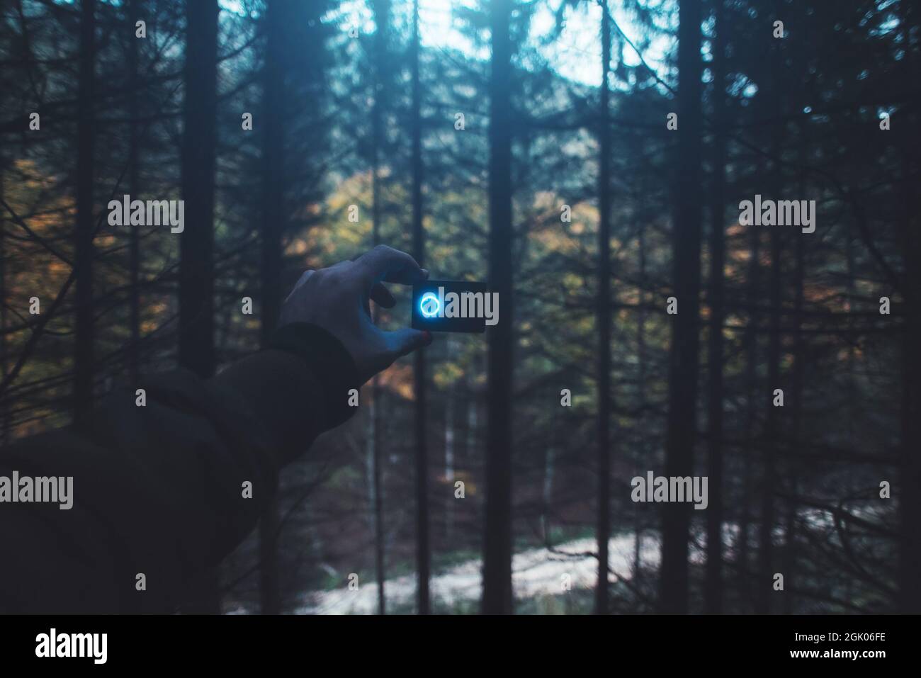 Homme prenant un selfie avec un petit appareil photo d'action dans les bois Banque D'Images