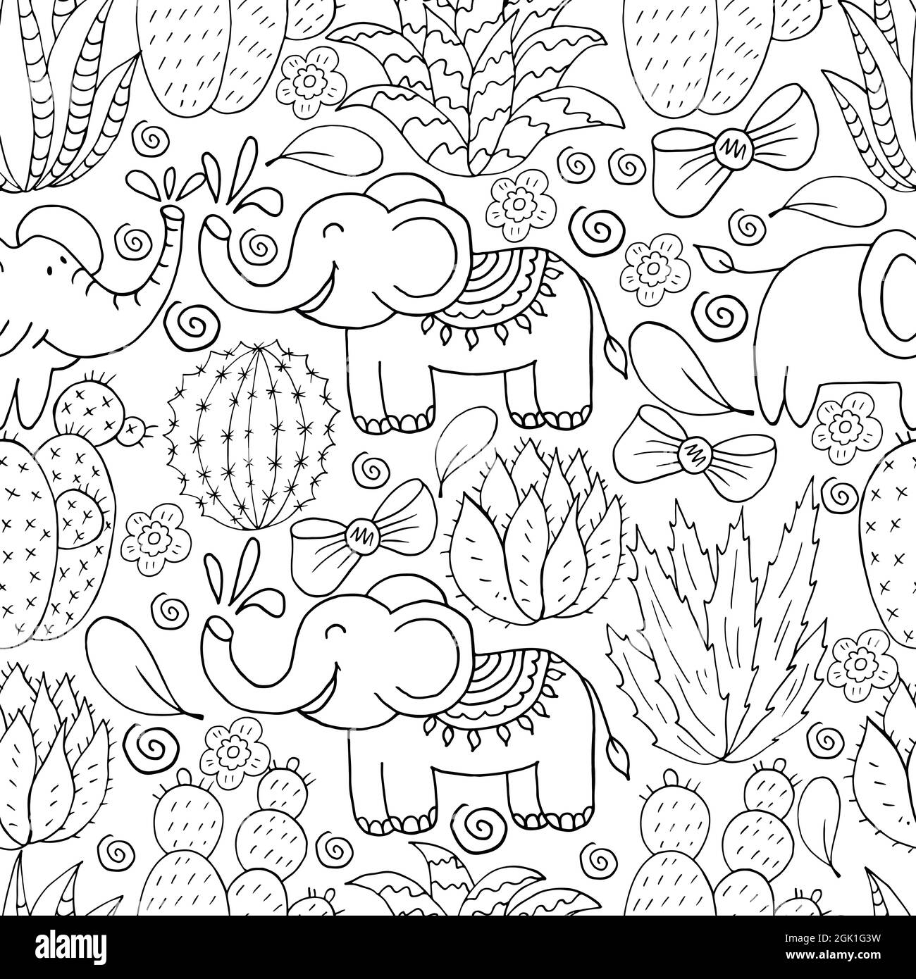 Illustration botanique sans couture. Motif tropical de divers cactus, aloès. Éléphants, arcs, plantes exotiques monochromes Illustration de Vecteur
