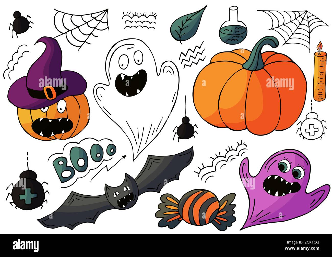 Ensemble d'éléments de motif Halloween en forme de dessin à la main. Sorcières, citrouilles, bonbons. Icônes Halloween, style dessin animé. Affiche, autocollant Illustration de Vecteur
