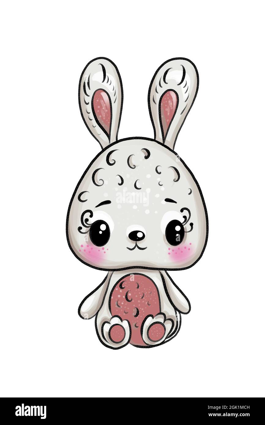 Illustration d'un joli lapin gris avec un ventre rose avec de grands yeux noirs e sur un fond blanc isolé. Banque D'Images
