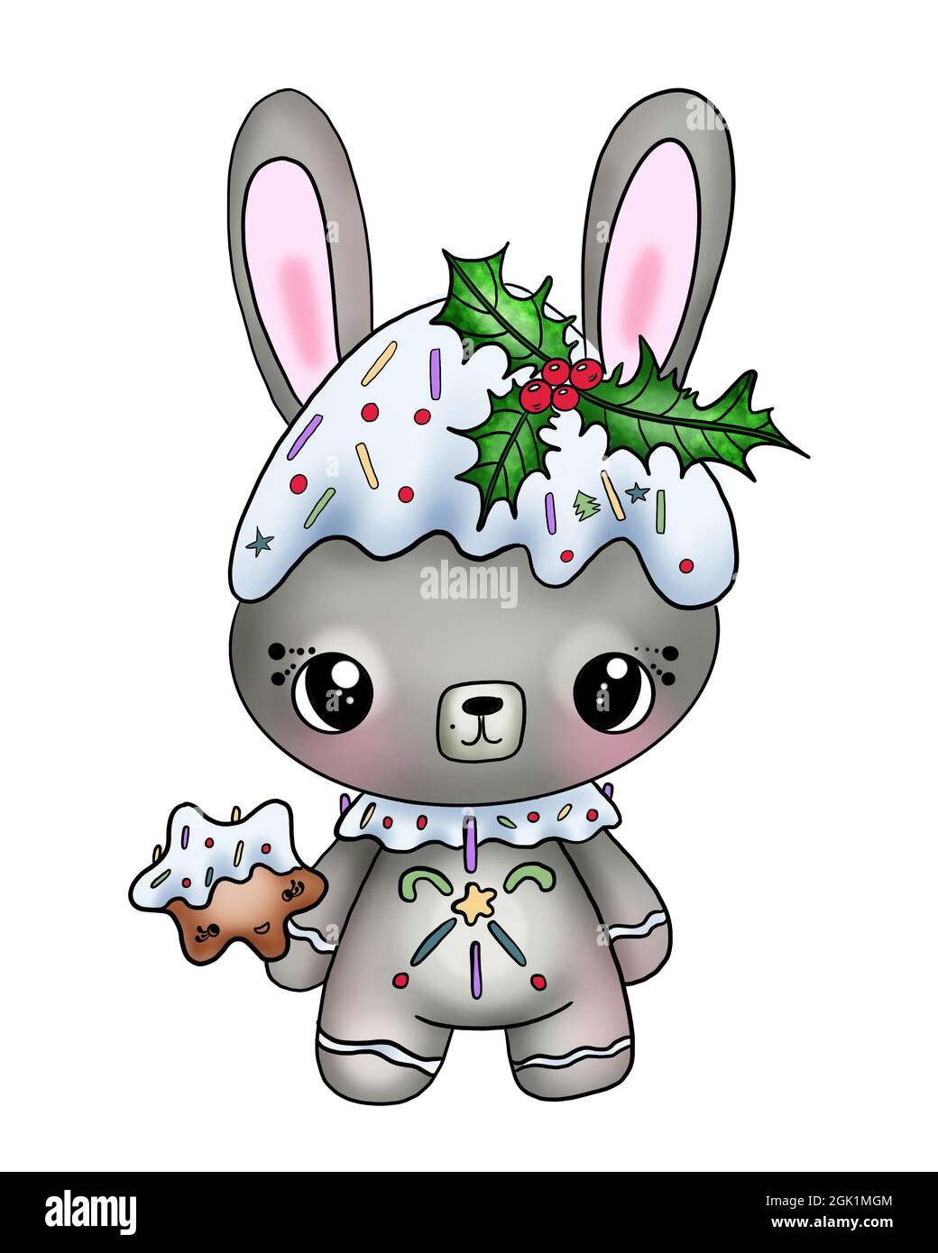 Illustration d'un joli lapin avec décoration de Noël et branches de poinsettia avec baies sur sa tête sur un fond blanc isolé Banque D'Images