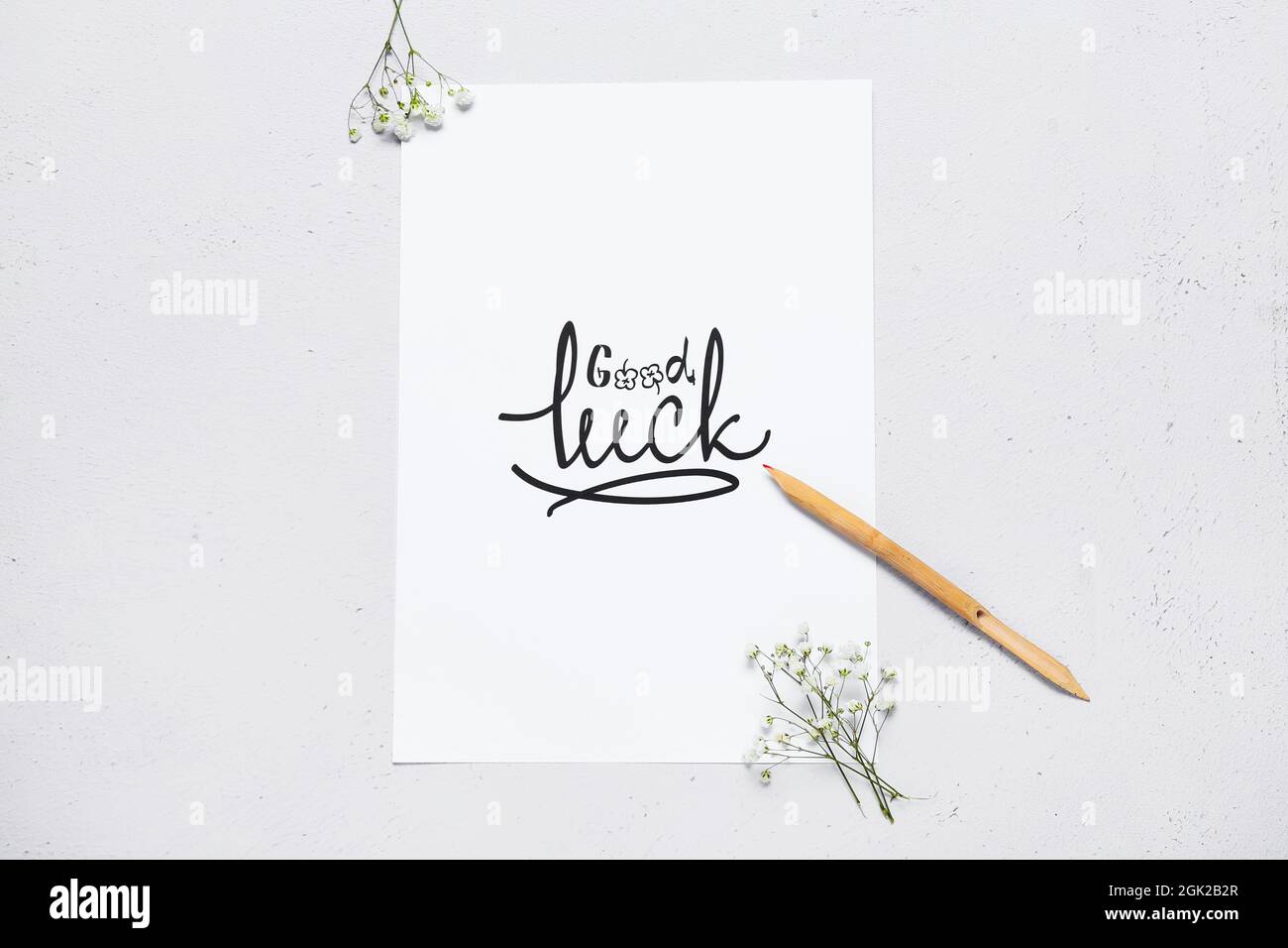 Papier avec texte BONNE CHANCE, stylo trempette et fleurs sur fond blanc Banque D'Images