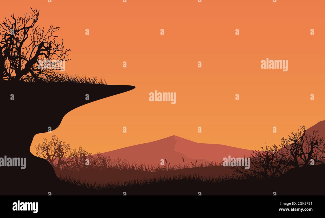 Panorama fantastique sur les montagnes au crépuscule depuis la campagne avec des silhouettes d'arbres sèches autour d'elle. Illustration vectorielle d'une ville Illustration de Vecteur