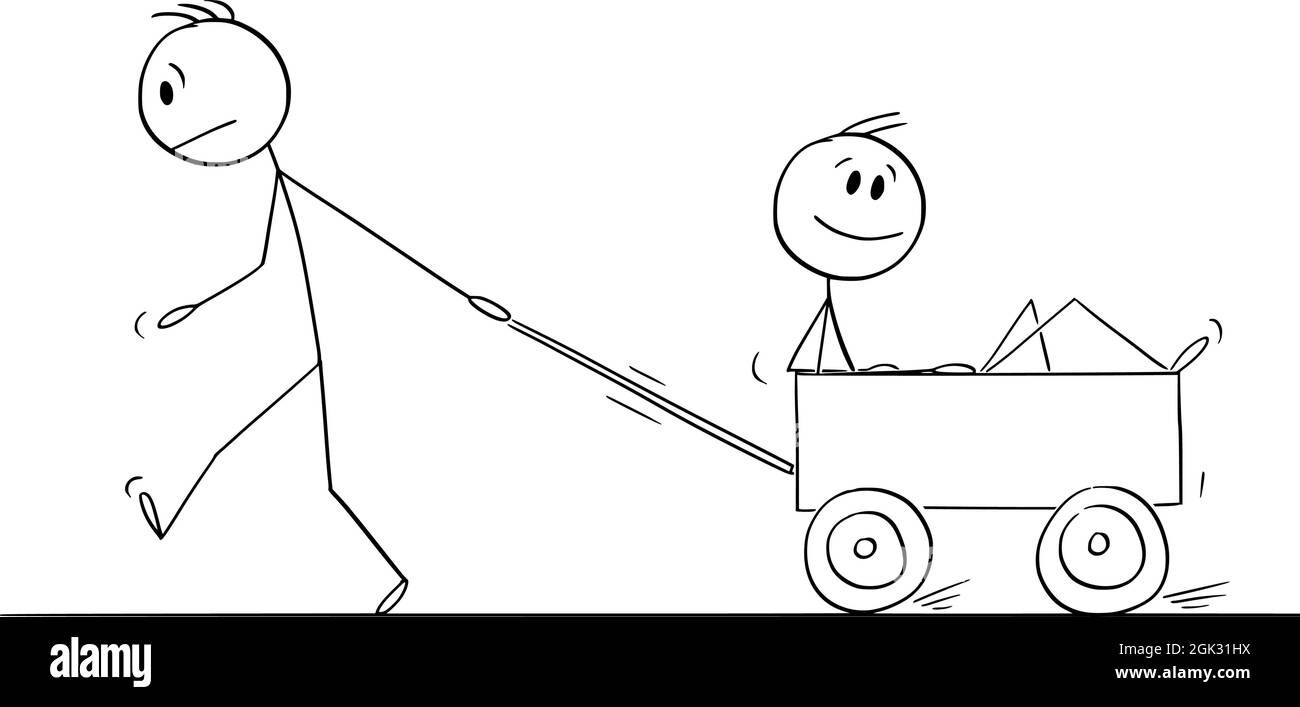 Personne ou garçon tirant un autre homme dans le chariot, Illustration du dessin du bâton de dessin vectoriel Illustration de Vecteur