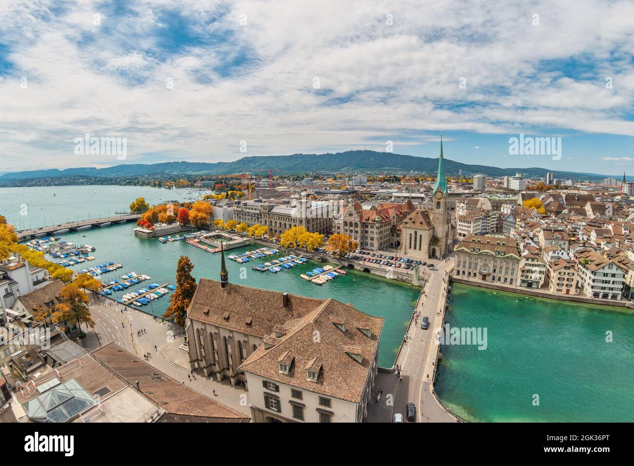 Zurich Suisse, vue panoramique de la ville depuis Grossmunster avec saison des feuillages d'automne Banque D'Images