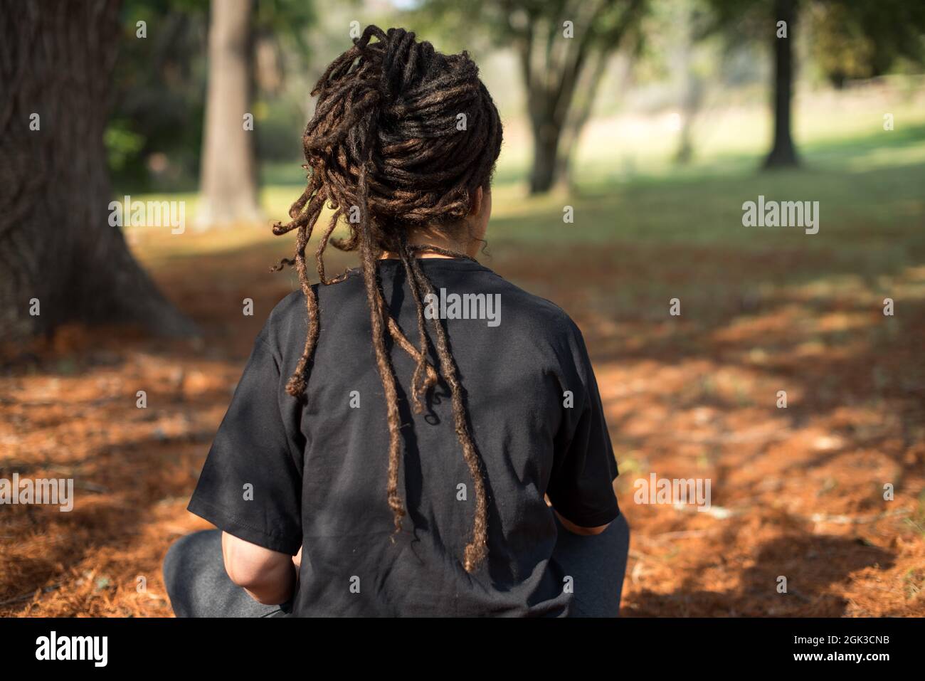 Femme avec des locs filés de derrière Banque D'Images