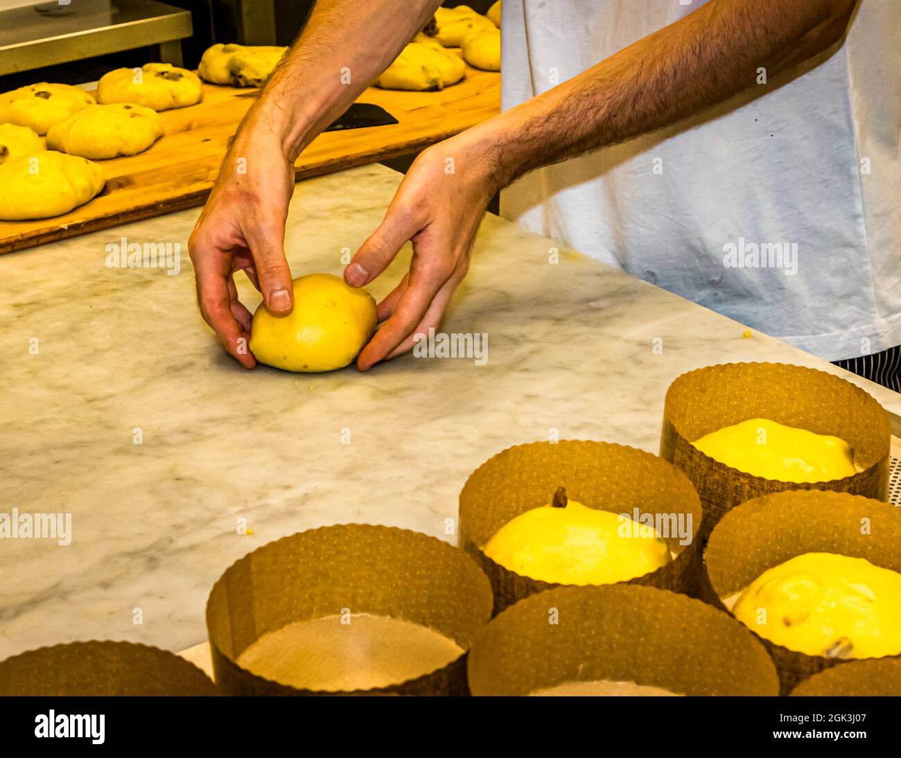 Dans le moule. Après le repos de la planche, les morceaux de pâte sont façonnés à la main une fois de plus et placés dans les manchettes typiques du panettone. Production de panettone dans la Pasticceria Marnin à Locarno, Suisse. Circolo di Locarno, Suisse Banque D'Images