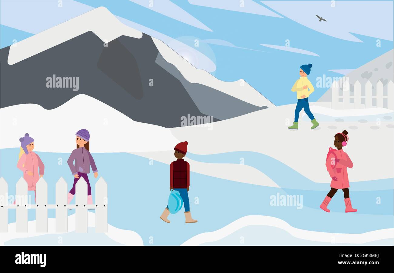 Paysage d'hiver.enfants marchant dehors en hiver. Illustration de Vecteur