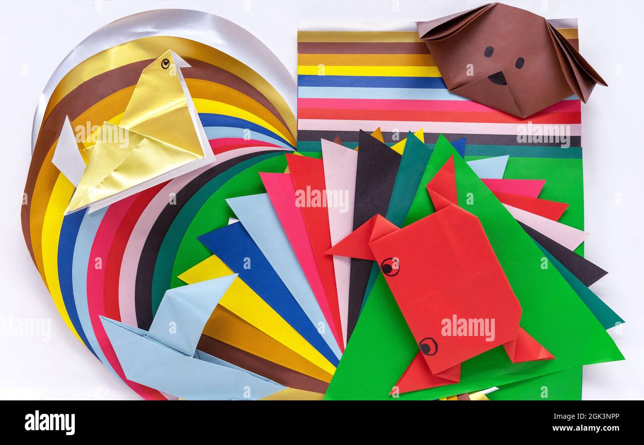 Échantillons de papier coloré et d'artisanat de style origami. Concept de créativité des enfants. Banque D'Images