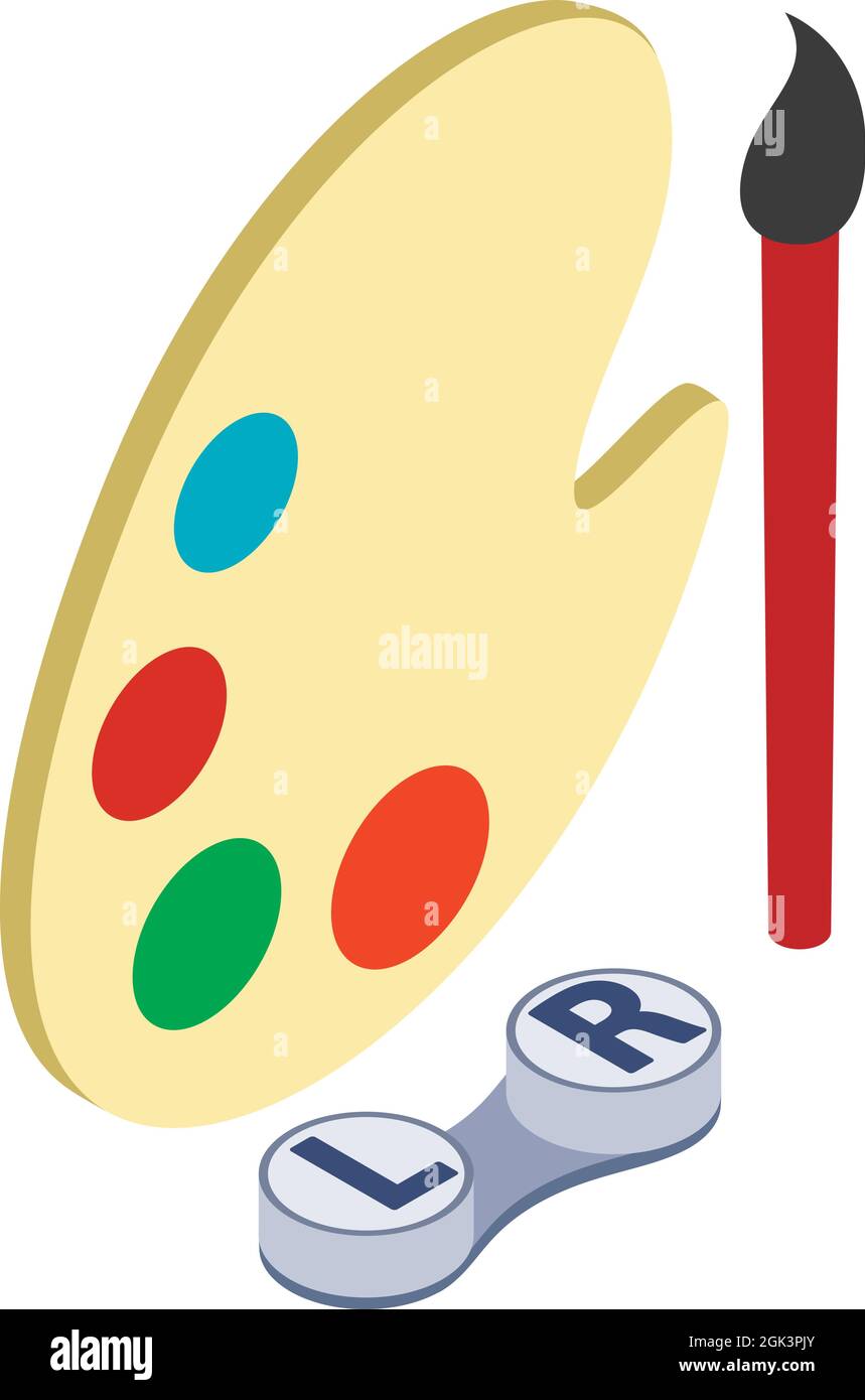 Lentilles multicolores ICON vecteur isométrique. Conteneur de lentilles et palette de peinture. Lentilles de contact décoratives, accessoire ophtalmique Illustration de Vecteur