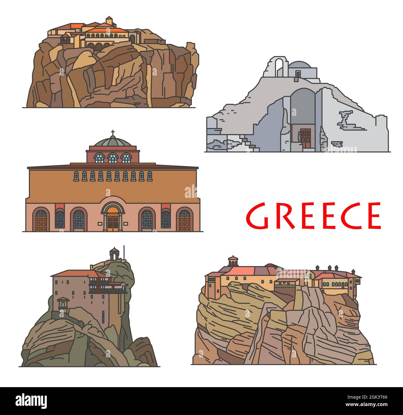 Grèce architecture temples et églises, anciens bâtiments grecs, vecteur. Grèce Voyage monuments Grand Monastère Meteoron, Panagia Paraportiani en M Illustration de Vecteur