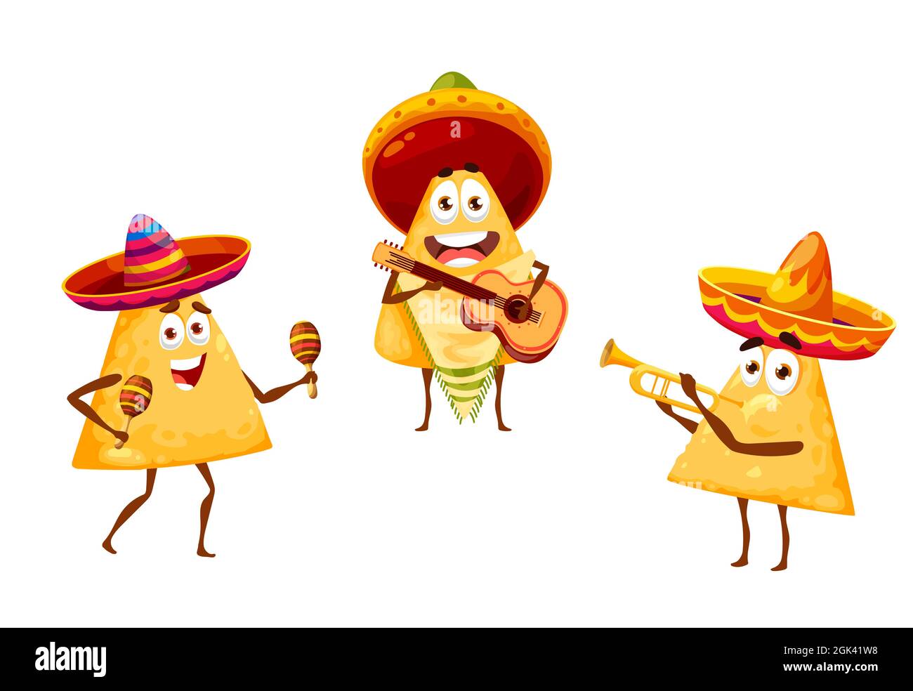 Jetons de nachos mexicains comme musiciens mariachi dans sombreros, vecteur Mexique fiesta personnages de la nourriture de dessin animé. Les jetons de nachos dans les sombreros jouent de la musique avec marac Illustration de Vecteur