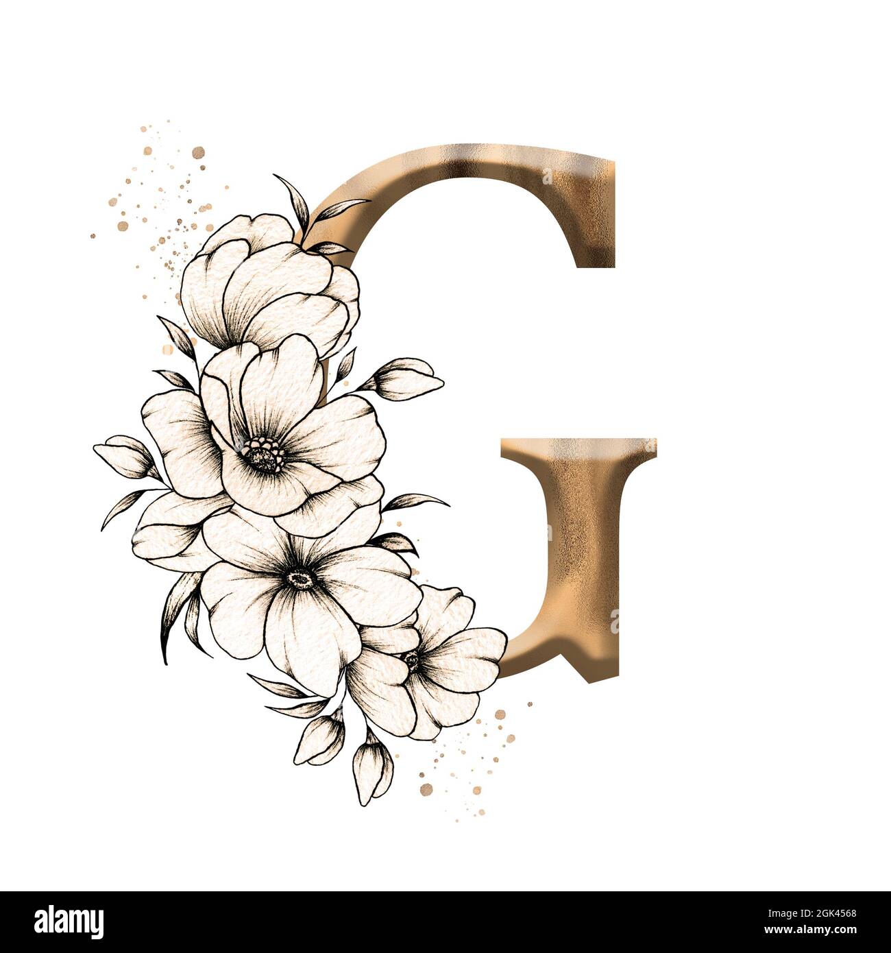 Alphabet floral graphique, lettre d'or G avec composition de bouquet de ...