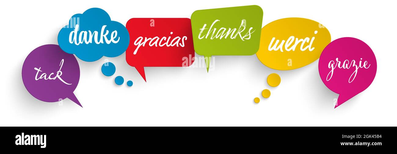 Illustration vectorielle EPS 10 de bulles de voix colorées isolées sur fond blanc avec texte de bienvenue ' merci ' dans différentes langues Illustration de Vecteur