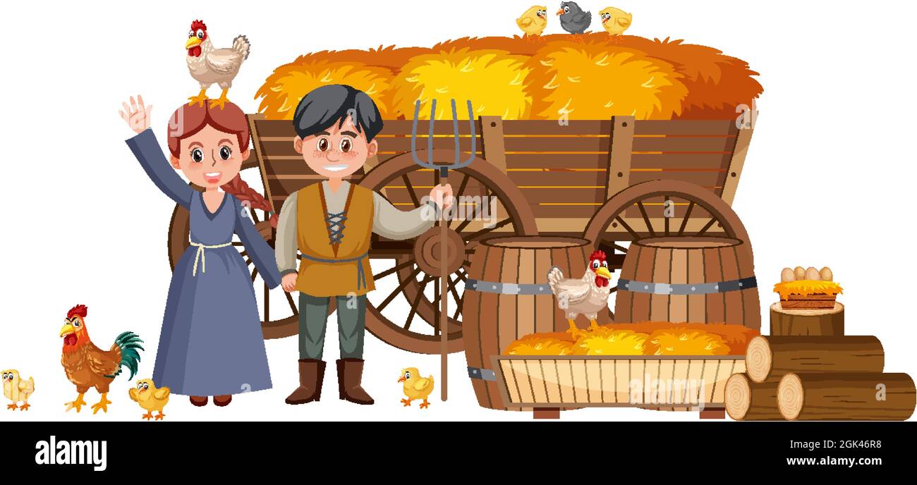 Couple de paysans médiévaux avec haystack dans une illustration de chariot Illustration de Vecteur